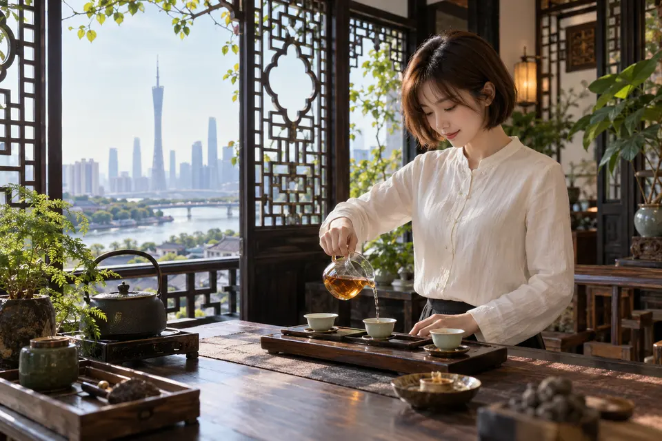 岭南花窗旁的冲泡空间，公道杯与茶具摆放整齐