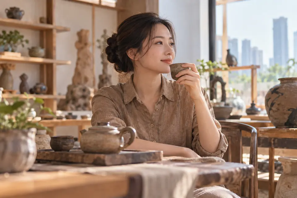 陶艺茶器工作室内的茶杯与陶器陈列