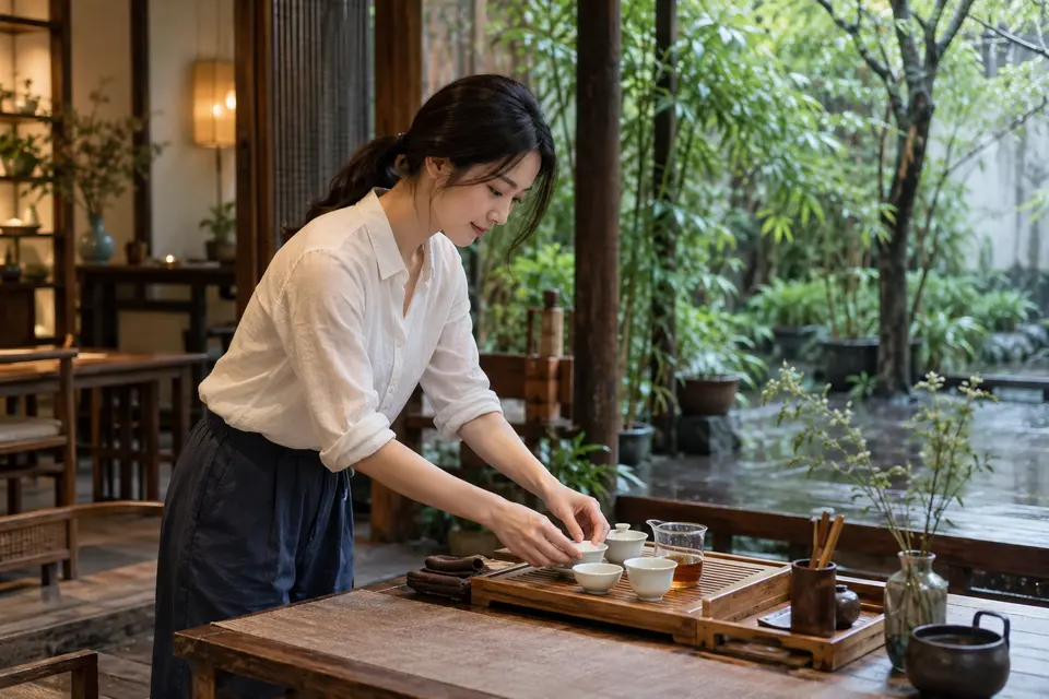 庭院中的茶席布置，竹制茶具与盖碗