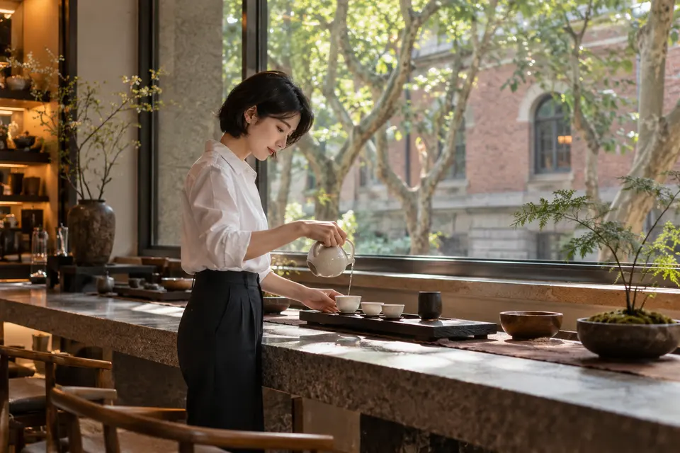 都市梧桐街区的茶室内，白瓷茶具与倒茶动作构成的品茶场景